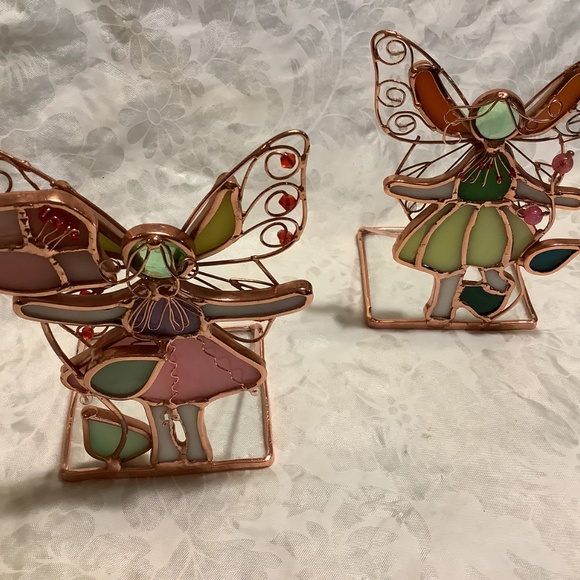 2 Stained glass look colored glass + copper color metal art collectible figures - Picture 7 of 7